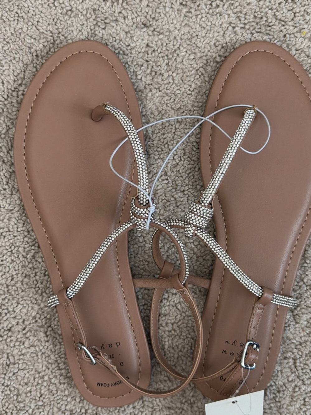 a new day Tan Rhinestone T-Strap Flat Sandals